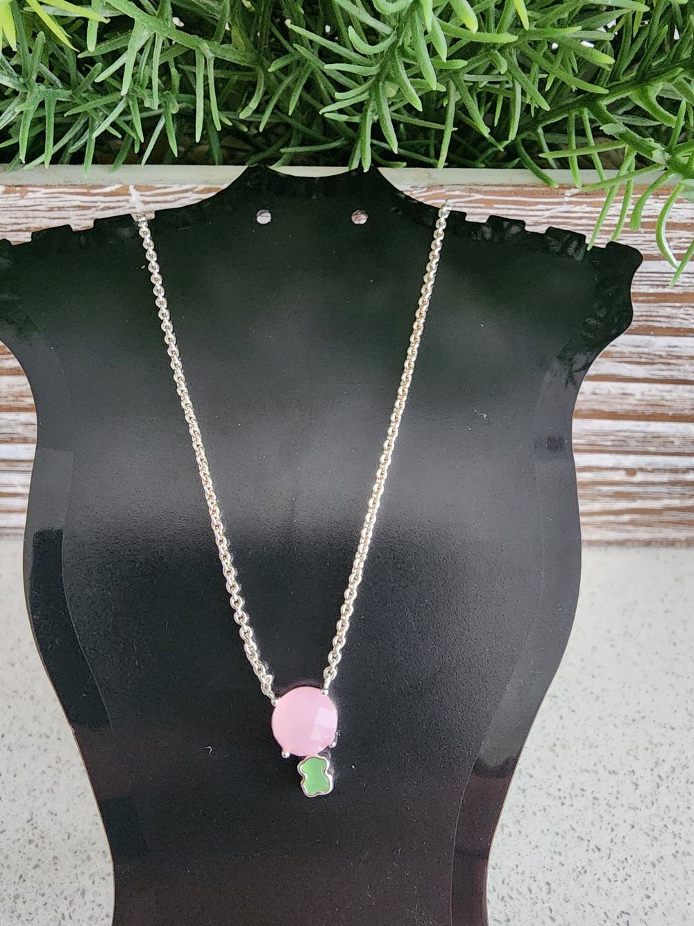 Tous Silver Necklace with Pink Round Pendant and Green Clover